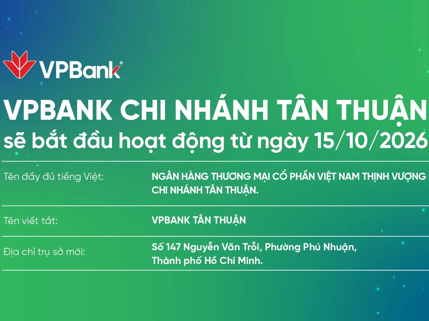 Chính thức hoạt động VPBank Chi nhánh Tân Thuận