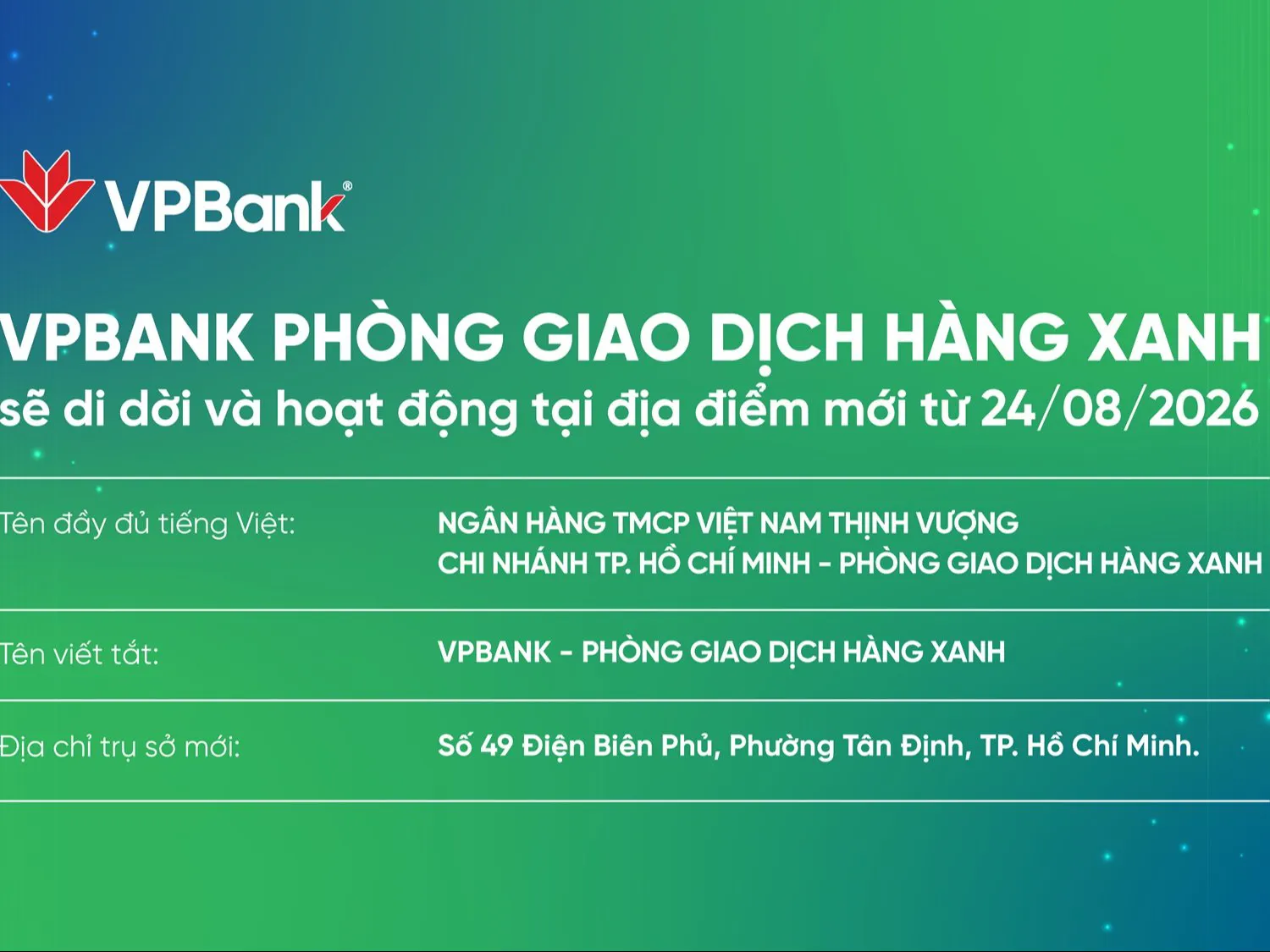 VPBANK HÀNG XANH thay đổi địa chỉ hoạt động từ 24/8/2026
