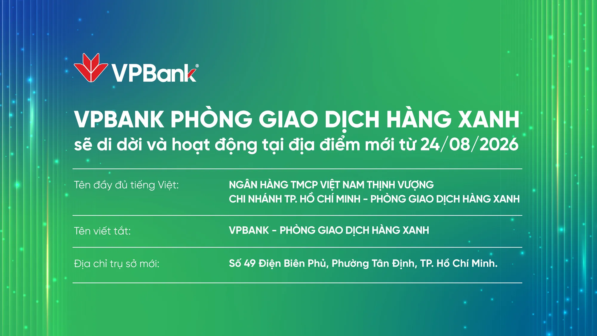 VPBANK HÀNG XANH thay đổi địa chỉ hoạt động từ 24/8/2026