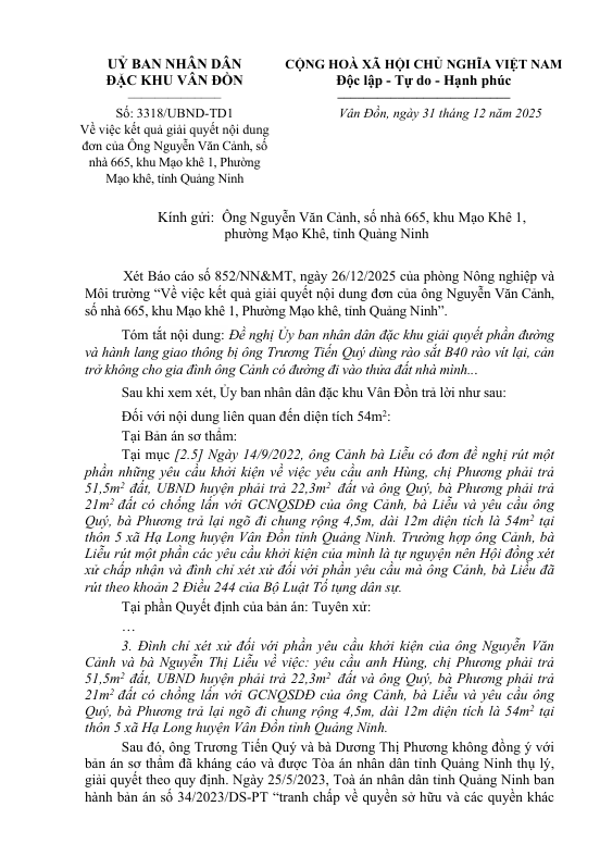 Vân Đồn: Nên xử lý dứt điểm vụ tranh chấp đất đai kéo dài trên 10 năm giữa ông Nguyễn Văn Cảnh và ông Trương Tiến Quý