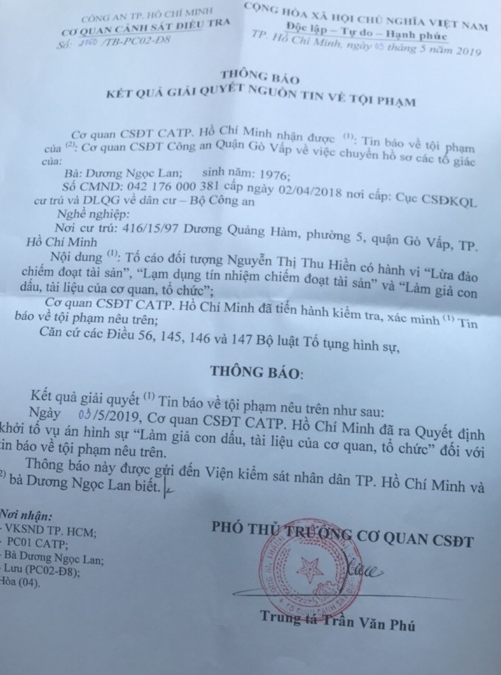 Thông báo thụ lý vụ án bà Nguyễn Thị Thu Hiền